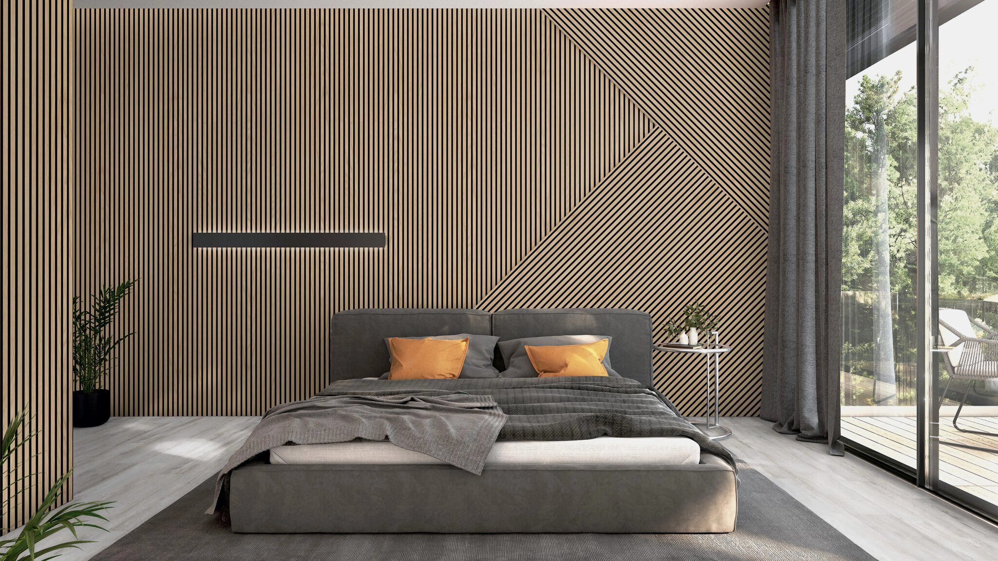 Moderne Akustikpaneele aus Eiche an der Wand in einem Schlafzimmer mit grauem Bett und großen Fenstern.