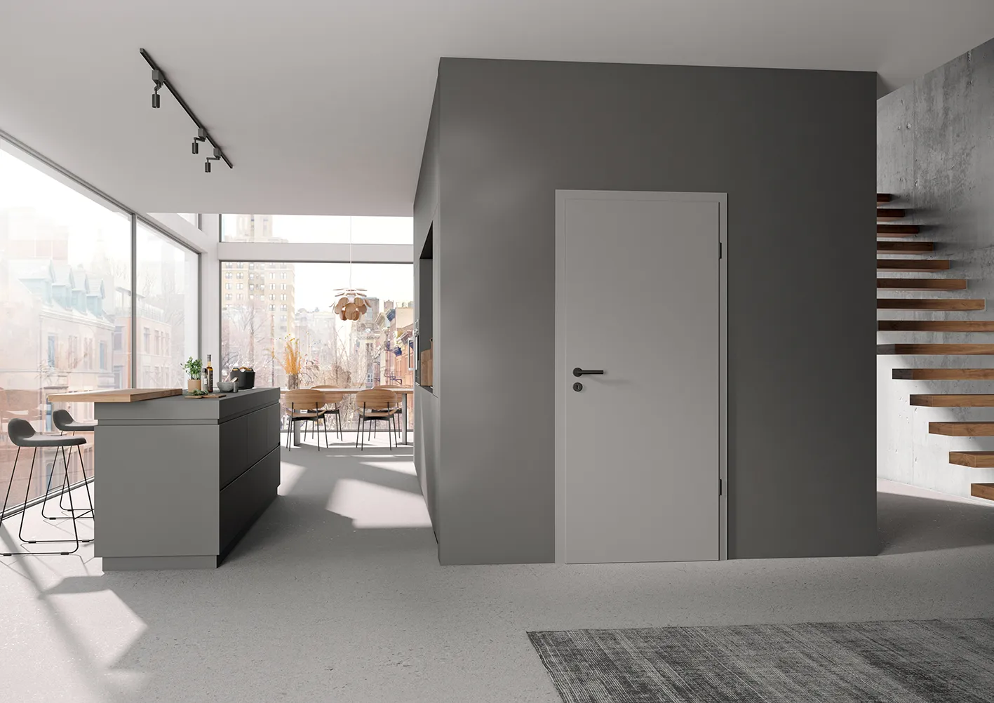 Moderne Innenbereich-Türe in Felsgrau in urbanem Loft mit offener Küche und Essbereich