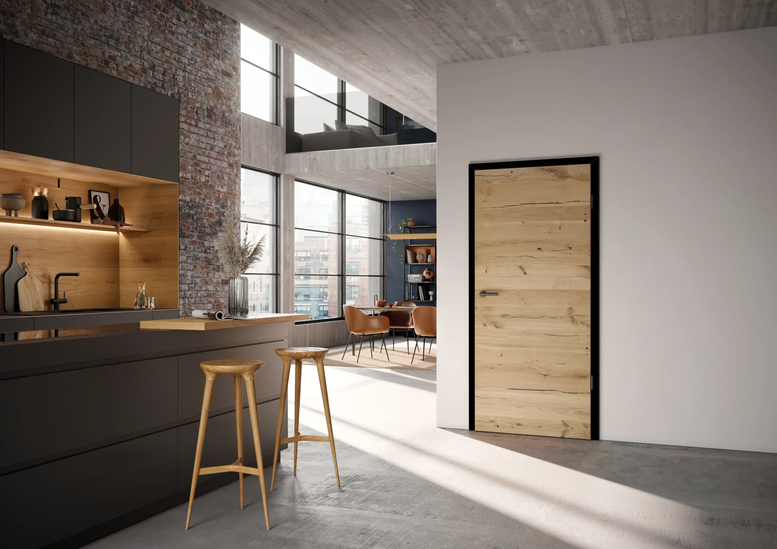 Moderne Türen in markanter Holzoptik mit schwarzer Zarge in offener Loftküche mit Sichtbeton und Backsteinwand