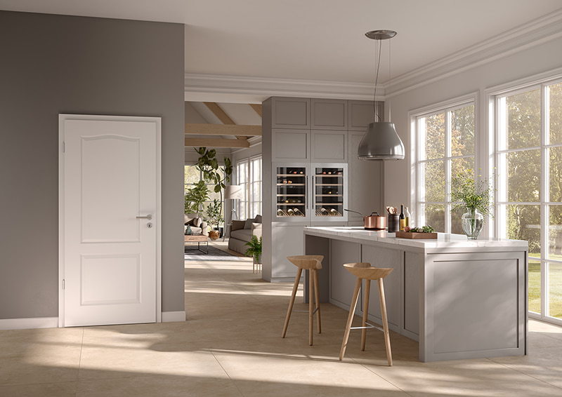 Weiße Zimmer-Tür im Landhausstil türen - Weiße Zimmer-Türen im Landhausstil in moderner, offener Küche